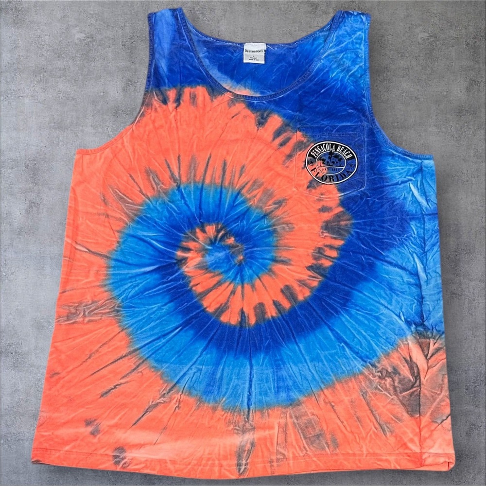 Vintage Pensacola Beach Florida Tie Dye Tank Top Large Blue Orange Made in‎ USA